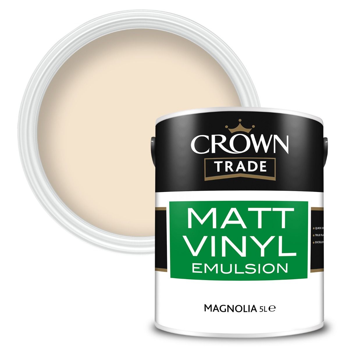 5 Litre tin of Crown Trade Matt Vinyl emulsion paint in Magnolia for interior walls