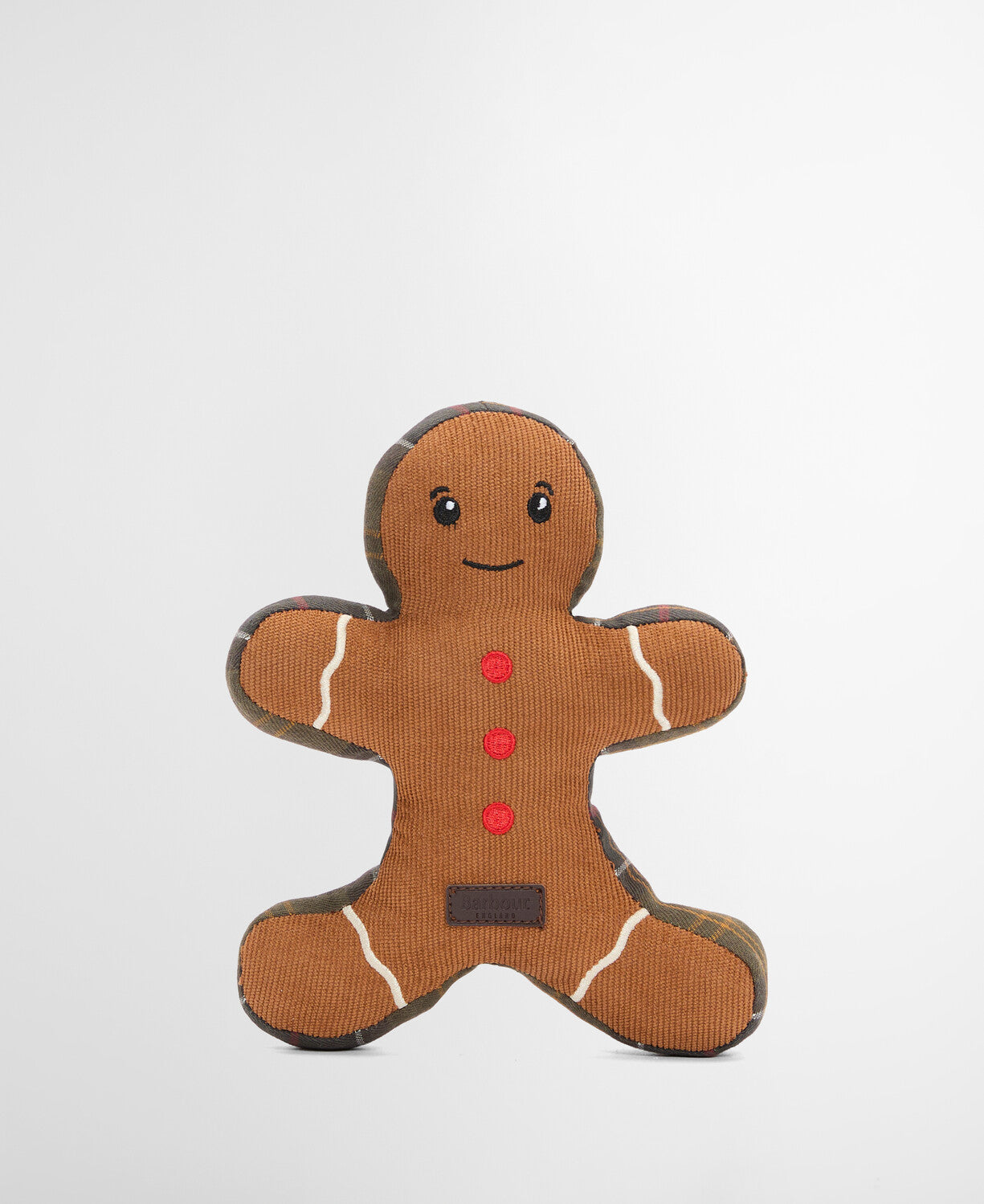 Brown plush Barbour Christmas Gingerbread Dog Toy with classic Barbour tartan trim and an embossed logo badge.