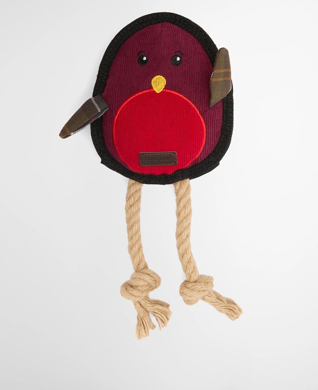 Brown and red plush Barbour Robin Dog Toy featuring classic Barbour tartan trim and an embossed logo badge.
