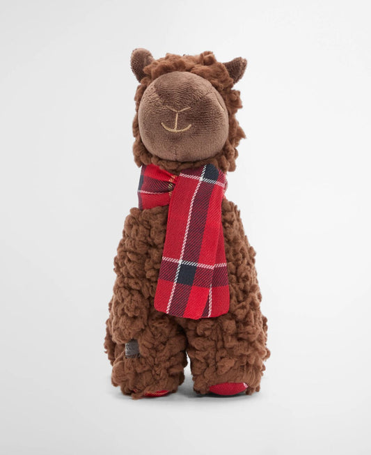 Brown plush Barbour Christmas Llama Dog Toy featuring classic Barbour tartan ears, a matching scarf and an embossed logo badge.