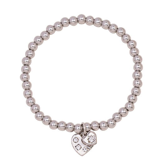 D&X Vibes White Gold Plated Stainless Steel Heart Charm Elasticated Bracelet