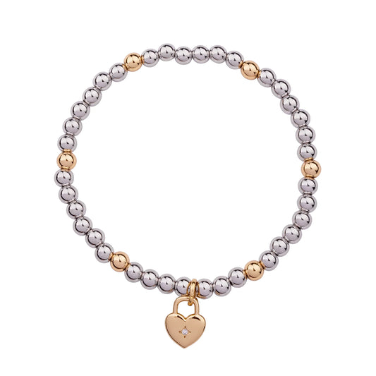 D&X Vibes Gold & White Gold Plated Stainless Steel Heart lock Elasticated Bracelet