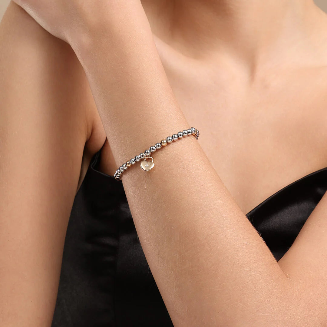 D&X Vibes Gold & White Gold Plated Stainless Steel Heart lock Elasticated Bracelet
