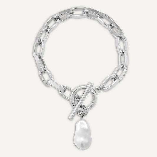 D&X Audrey Faux Pearls Silver Tone Plated T-Bar Bracelet