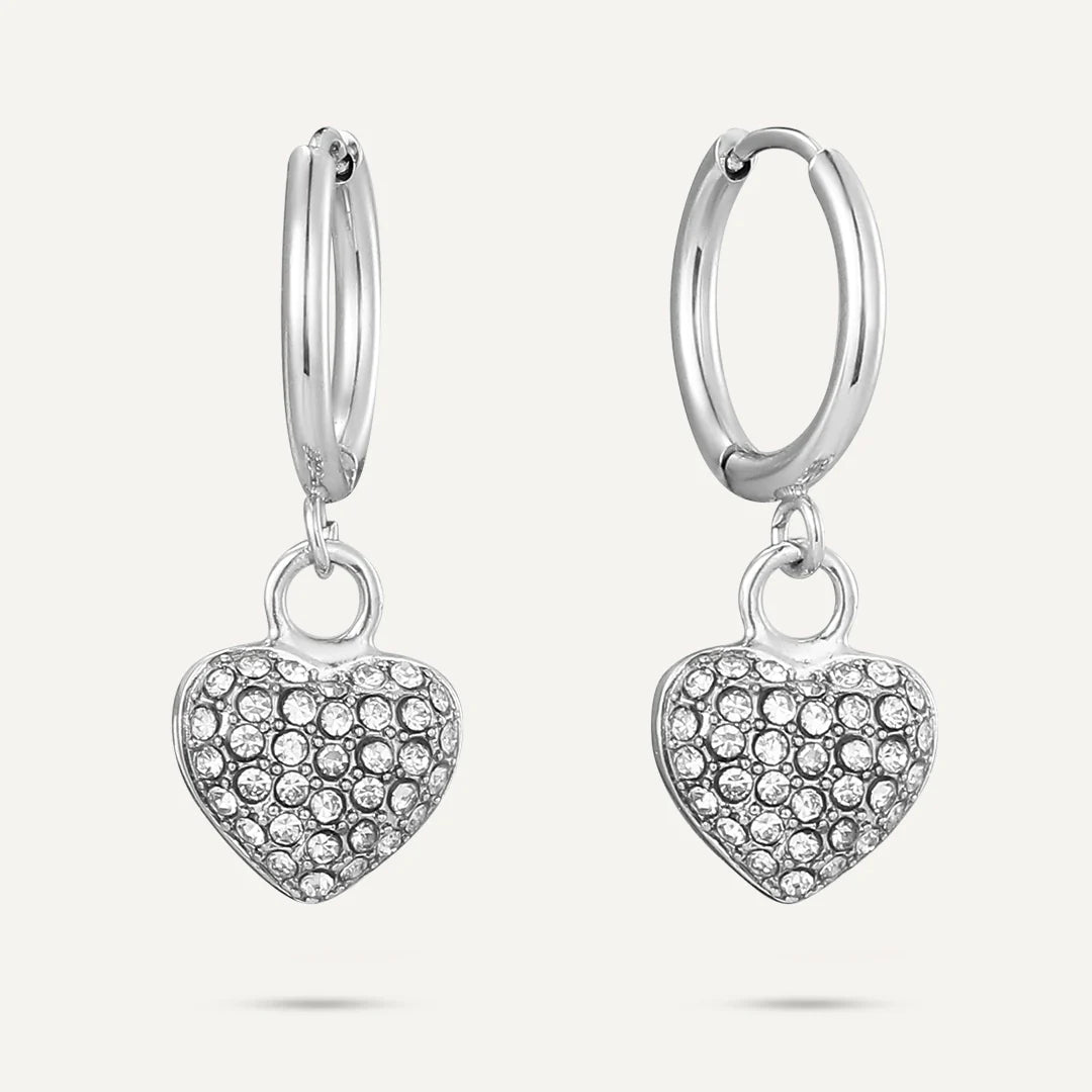 D&X Vibes White Gold Plated Stainless Steel Crystal Heart Charm Post Earrings