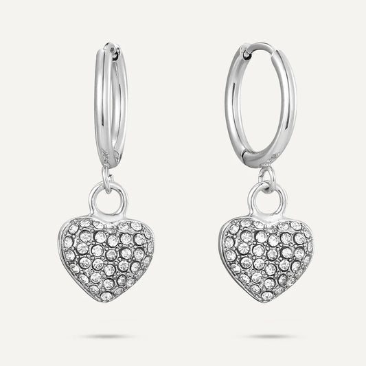 D&X Vibes White Gold Plated Stainless Steel Crystal Heart Charm Post Earrings