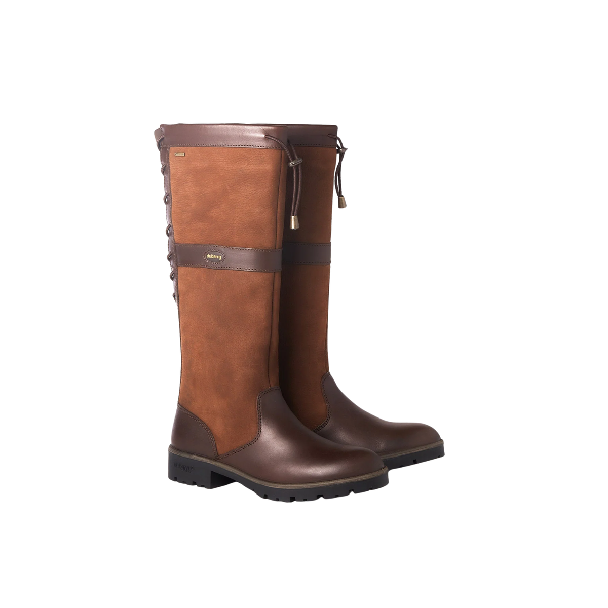 Pair of Dubarry Glanmire ladies waterproof country boots in walnut brown leather showing rear bungee calf adjustment laces