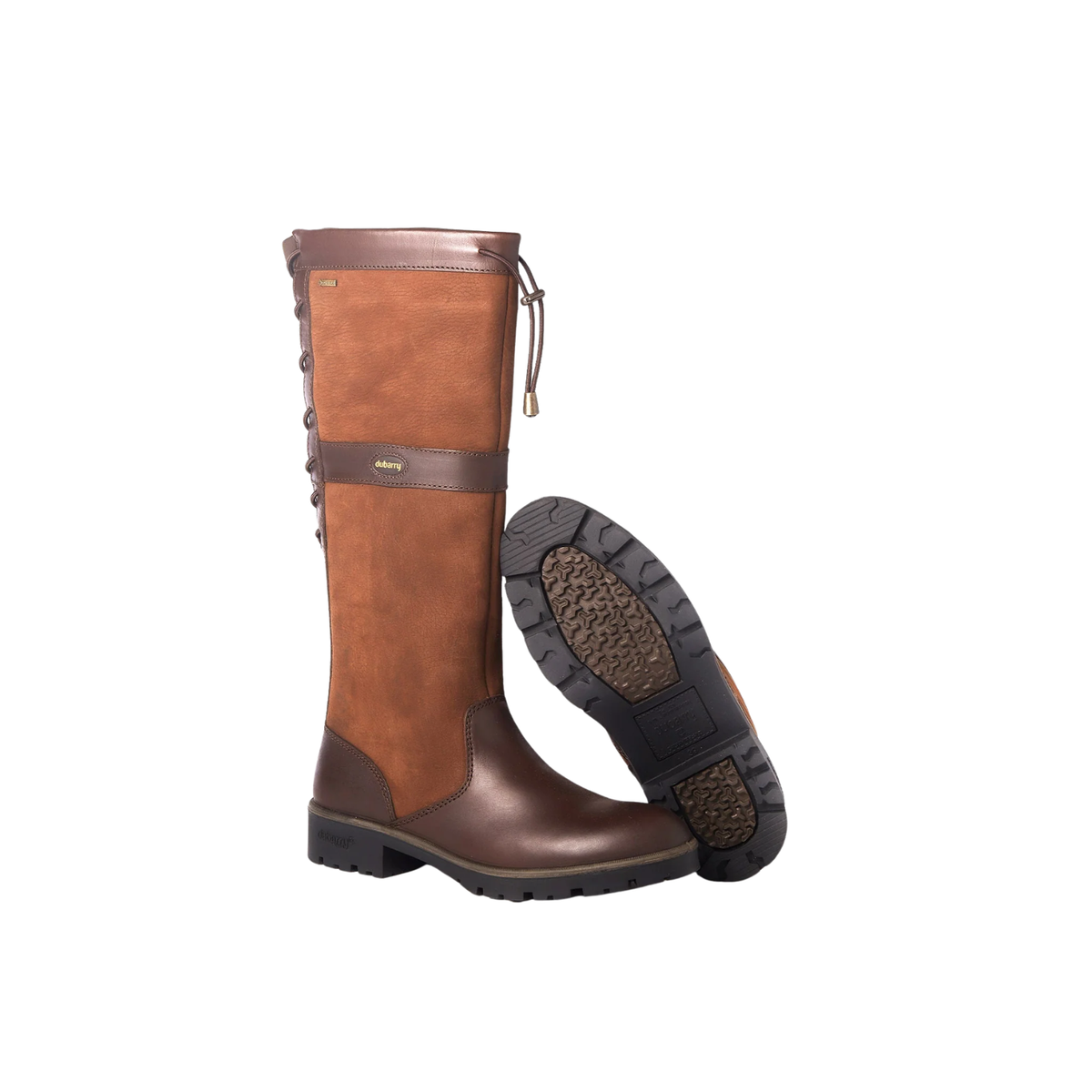 Pair of Dubarry Glanmire ladies waterproof country boots in walnut brown leather showing rear bungee calf adjustment laces