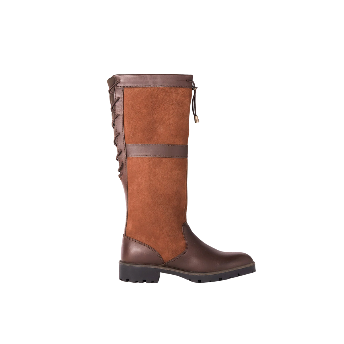 Pair of Dubarry Glanmire ladies waterproof country boots in walnut brown leather showing rear bungee calf adjustment laces