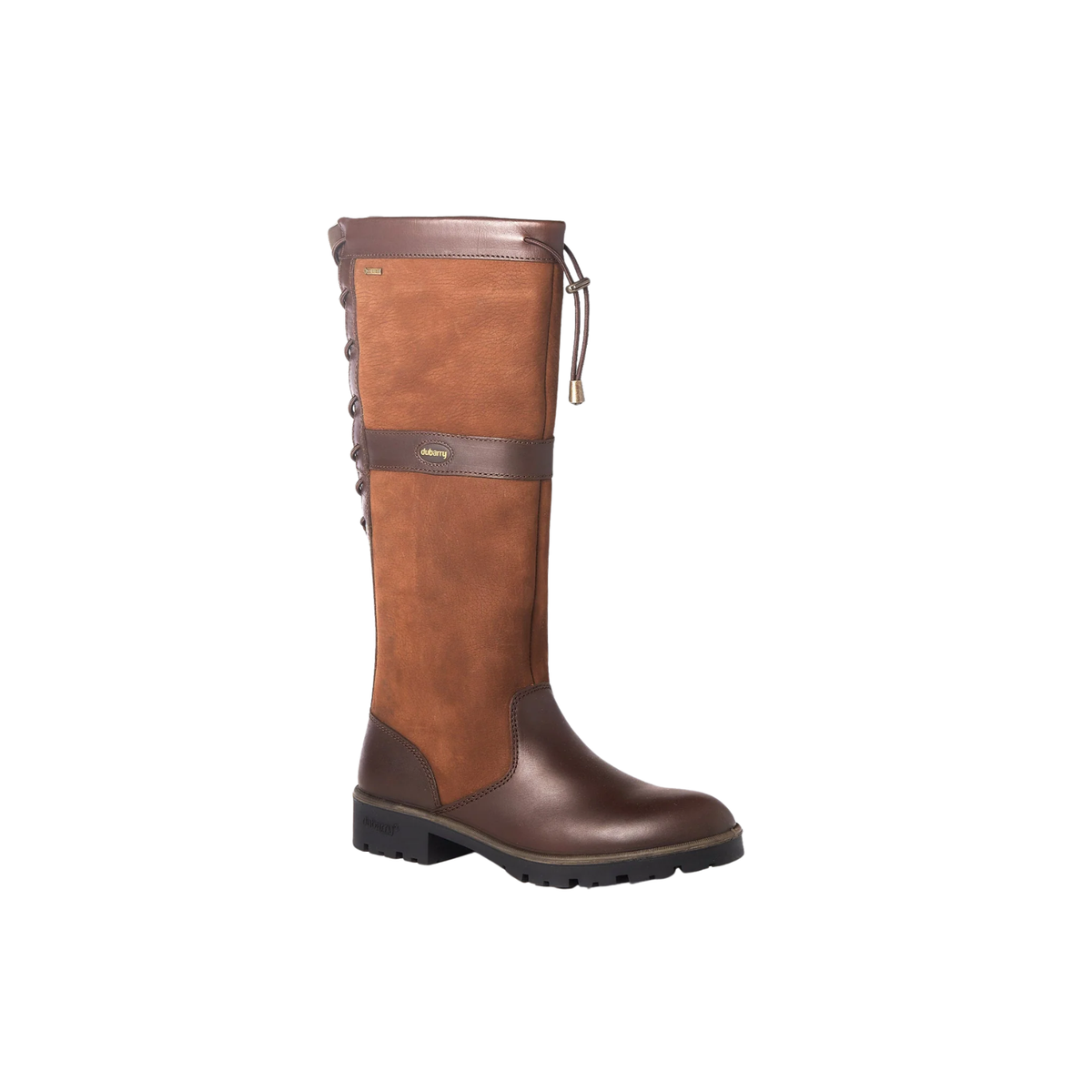 Pair of Dubarry Glanmire ladies waterproof country boots in walnut brown leather showing rear bungee calf adjustment laces