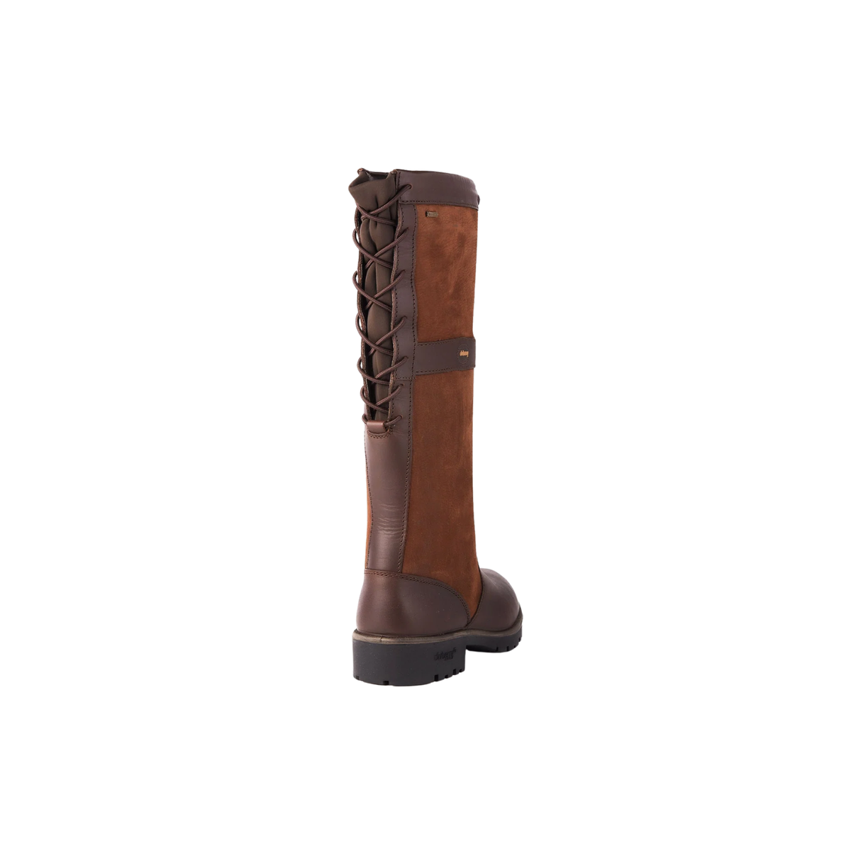 Pair of Dubarry Glanmire ladies waterproof country boots in walnut brown leather showing rear bungee calf adjustment laces