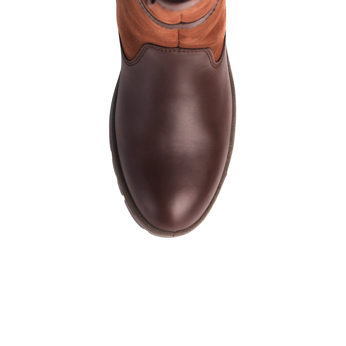 Pair of Dubarry Glanmire ladies waterproof country boots in walnut brown leather showing rear bungee calf adjustment laces