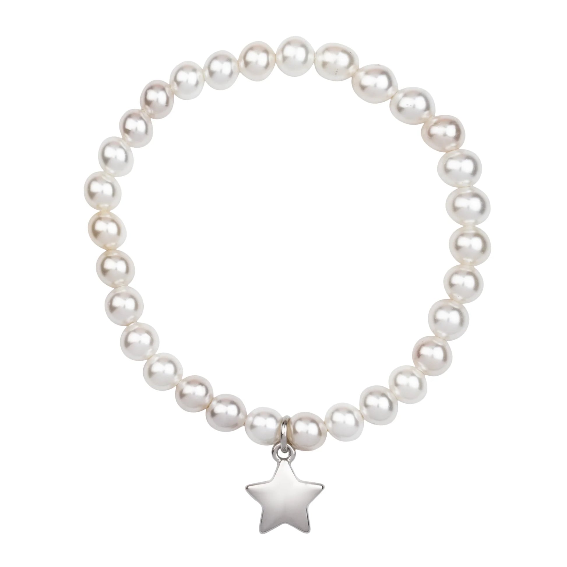 D&X Audrey Mother of Pearl Star Charm Rhodium Silver & Cream Elasticated Bracelet