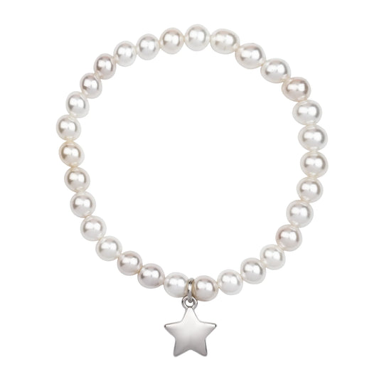 D&X Audrey Mother of Pearl Star Charm Rhodium Silver & Cream Elasticated Bracelet