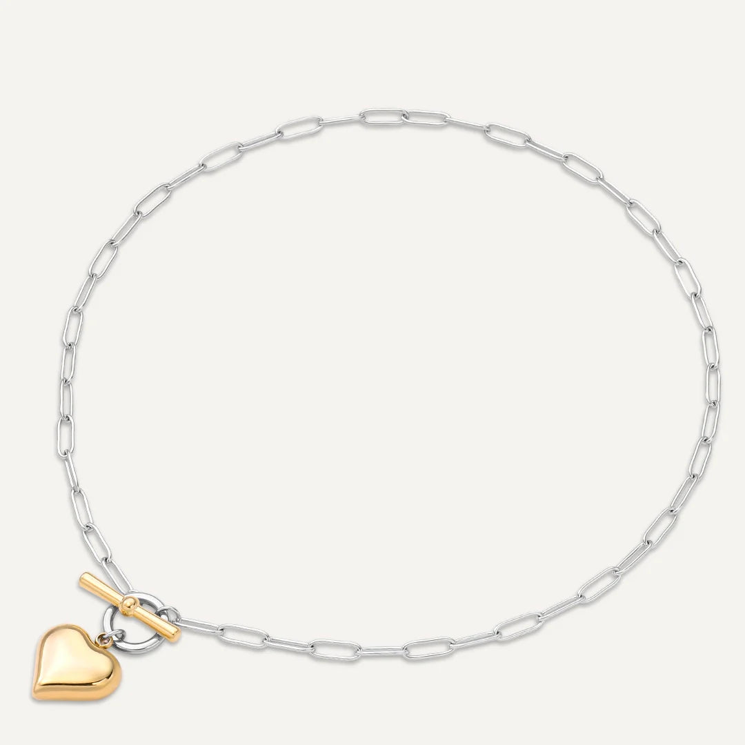 D&X Heart Charm Gold & White Gold Plated T-Bar Necklace