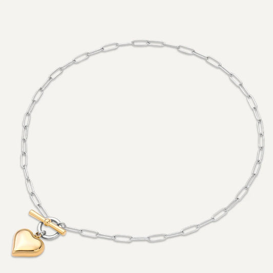 D&X Heart Charm Gold & White Gold Plated T-Bar Necklace