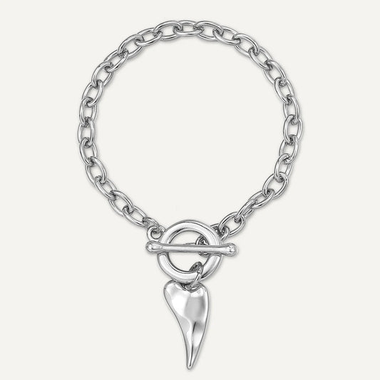 D&X Silver-Tone Plated Hammered Heart Charm T-Bar Bracelet