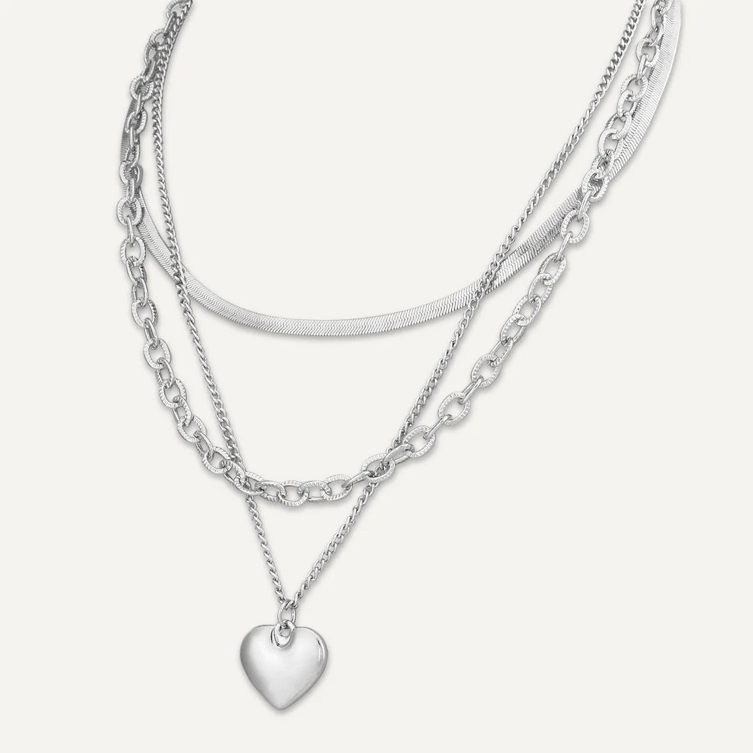 D&X Silver-Tone Plated Layered Heart Pendant Clasp Necklace