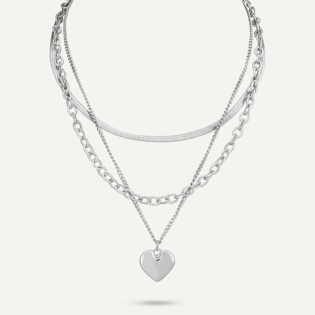 D&X Silver-Tone Plated Layered Heart Pendant Clasp Necklace