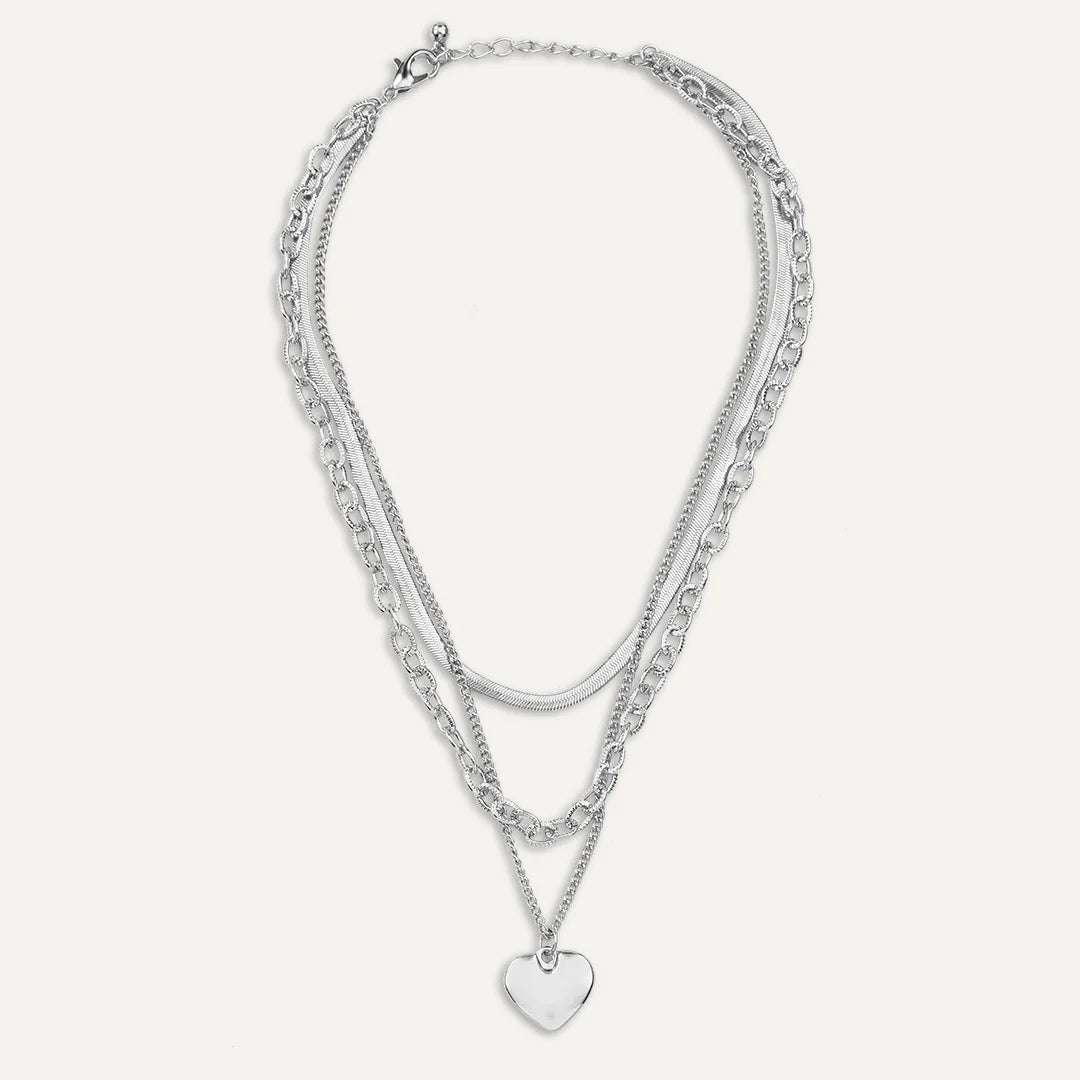 D&X Silver-Tone Plated Layered Heart Pendant Clasp Necklace