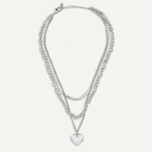D&X Silver-Tone Plated Layered Heart Pendant Clasp Necklace
