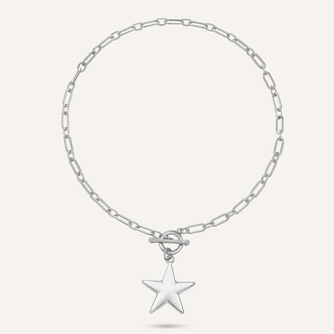 D&X Star Charm Silver Tone Plated T-Bar Necklace