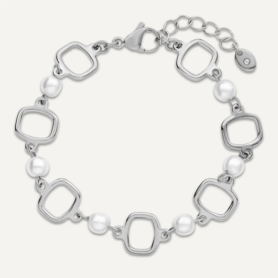 D&X Vibes Silver Plated Stainless Steel Geometric Link & Pearl Bracelet