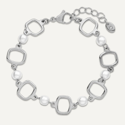 D&X Vibes Silver Plated Stainless Steel Geometric Link & Pearl Bracelet