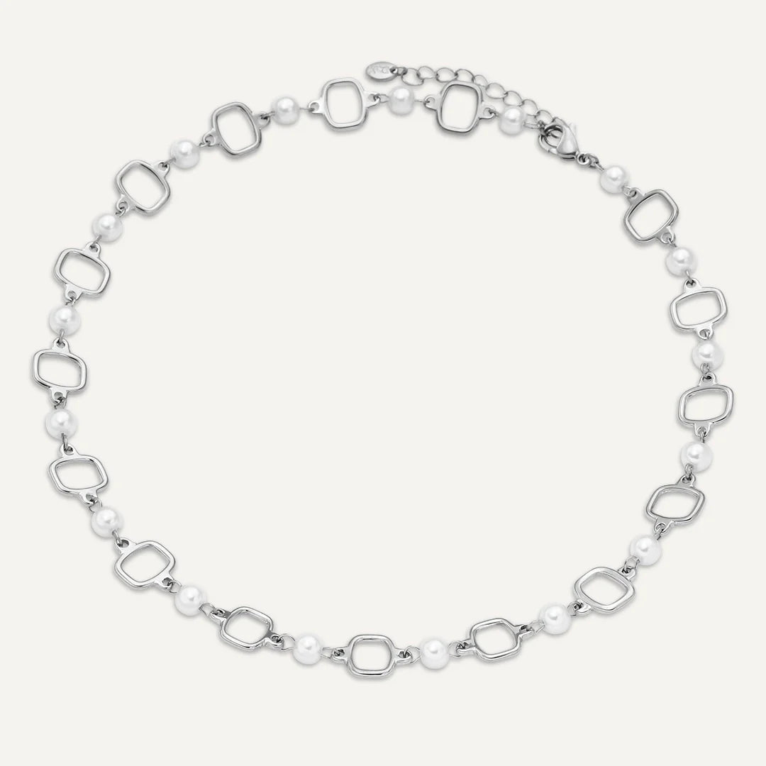 D&X Vibes White Gold Plated Stainless Steel Geometric Link & Pearl Necklace