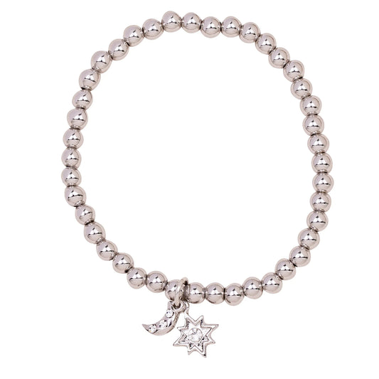 D&X Vibes White Gold Plated Stainless Steel Moon & Star Charm Elasticated Bracelet