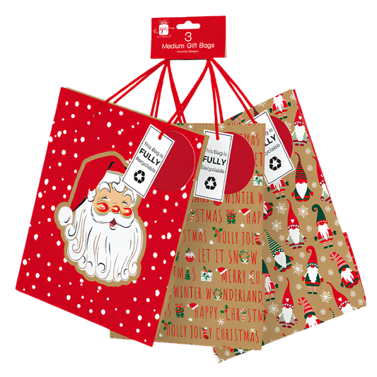 Design Group 3 pack of medium Christmas gift bags featuring Santa Claus, festive text, and holiday gonk designs.