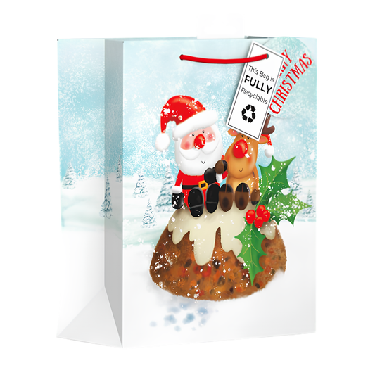 Design Group Santa and Reindeer large Christmas gift bag featuring Santa and reindeer on a Christmas pudding
