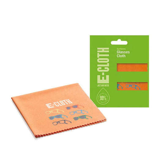 Orange E-Cloth Glasses Cleaning Cloth with colourful spectacle print alongside green retail packaging.
