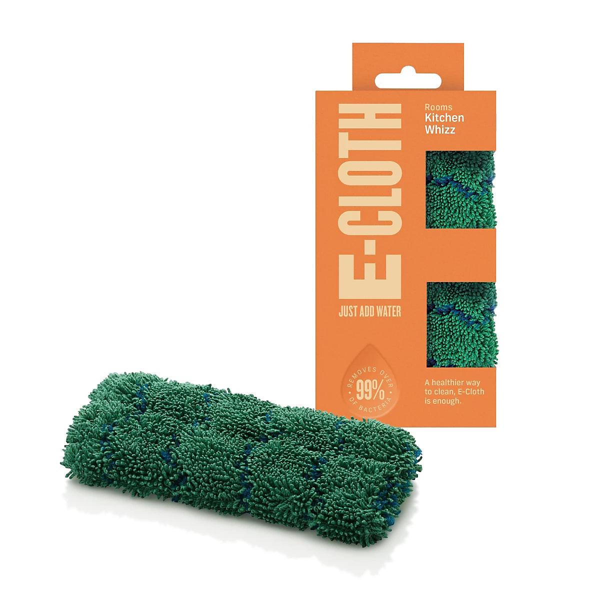 Green textured E-Cloth Kitchen Whizz Microfibre Scrubbing Pad alongside its orange retail packaging.