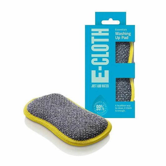 Grey double-sided E-Cloth Washing Up Pad with yellow trim next to blue retail package