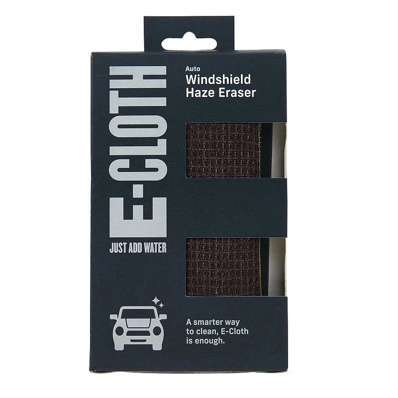 E-Cloth Auto Windscreen Haze Eraser Pad shown alongside its retail packaging.