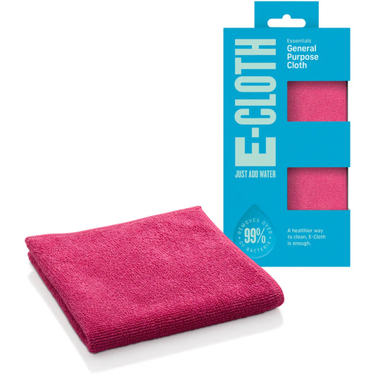 Bright pink E-Cloth General Purpose Cloth folded next to its blue cardboard packaging.
