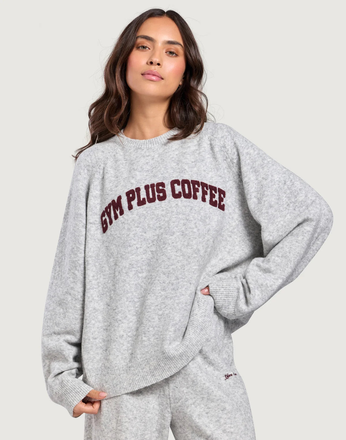 Gym+Coffee Graphic Knit Crew Neck Jumper in Light Heather Grey featuring textured bouclé chest logo