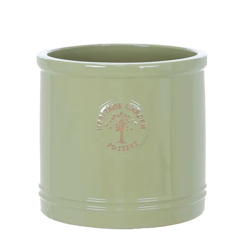 Woodlodge Heritage Mint Green glazed ceramic cylinder planter for garden and patio use.