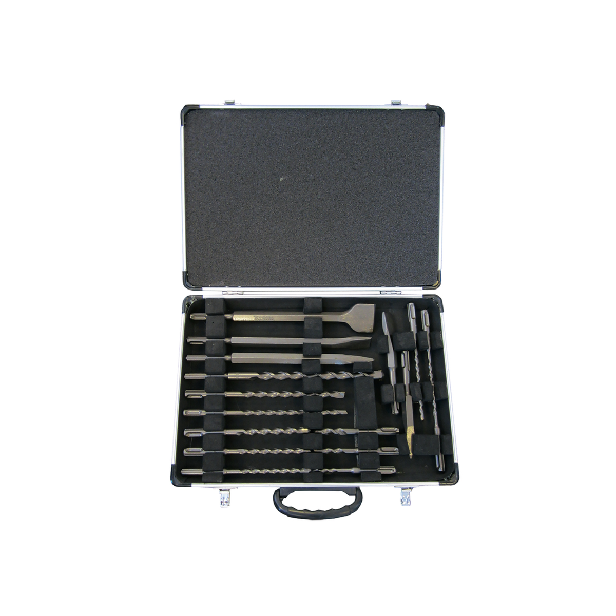 Makita 17 piece SDS-Plus drill bit and chisel set displayed in an open aluminium carry case