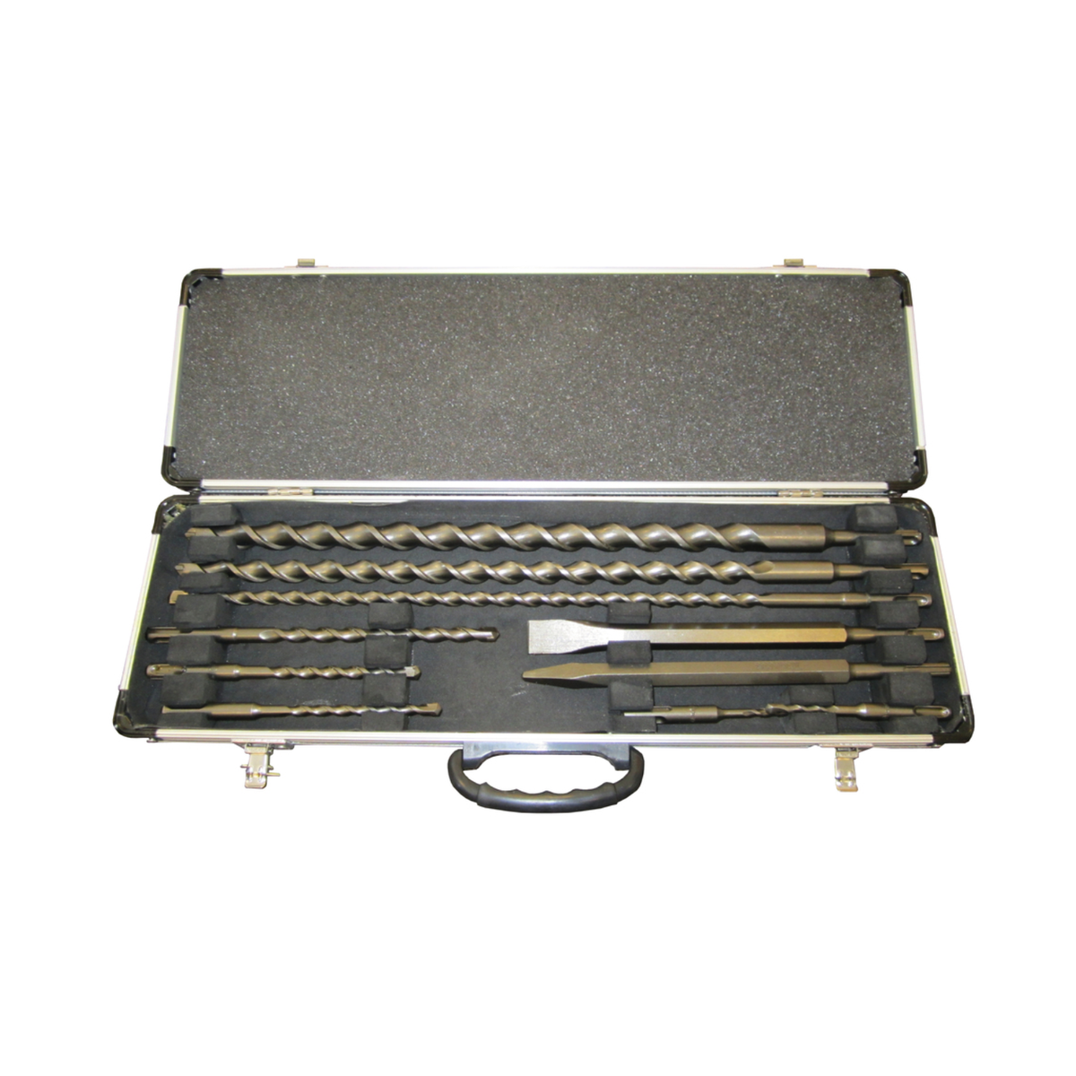 Makita D-21191 10 piece SDS Plus masonry drill bit and chisel set displayed in an open aluminium storage case