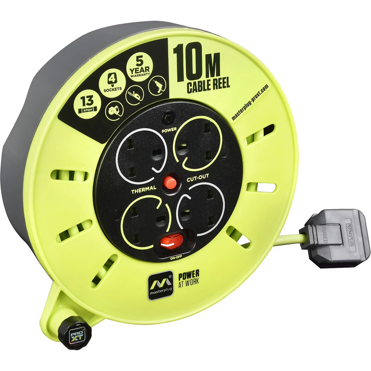 Masterplug 4 socket 10 metre 240V extension cable reel with winding handle