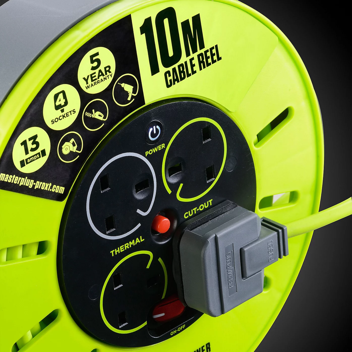 Masterplug 4 socket 10 metre 240V extension cable reel with winding handle