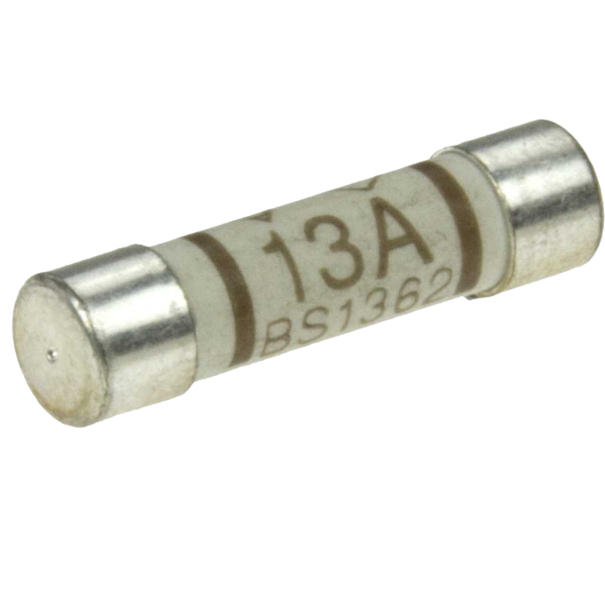 Niglon 13A BS 1362 ceramic plug fuse with sand-filled barrel and metal end caps for UK standard plugs.