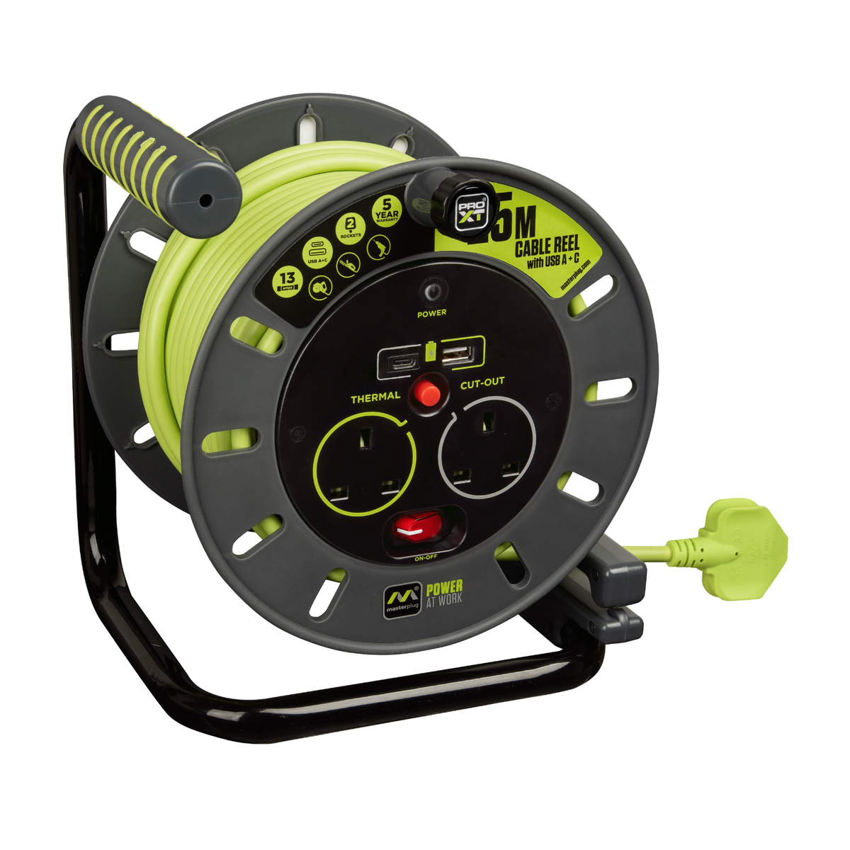Masterplug 2 socket 25m cable reel with USB A and C ports