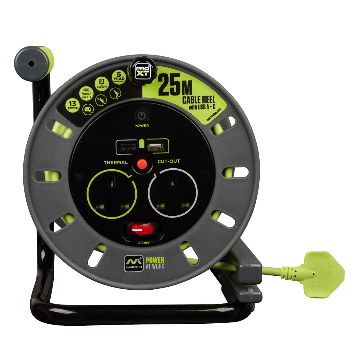 Masterplug 2 socket 25m cable reel with USB A and C ports