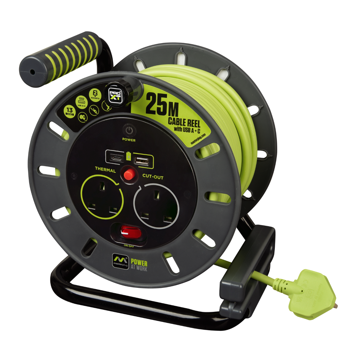 Masterplug 2 socket 25m cable reel with USB A and C ports