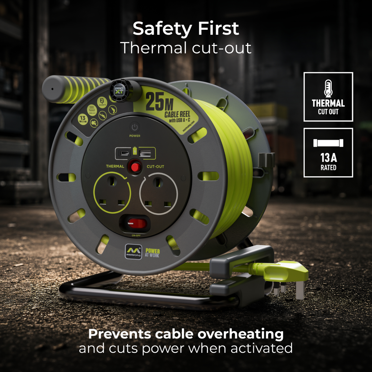 Masterplug 2 socket 25m cable reel with USB A and C ports