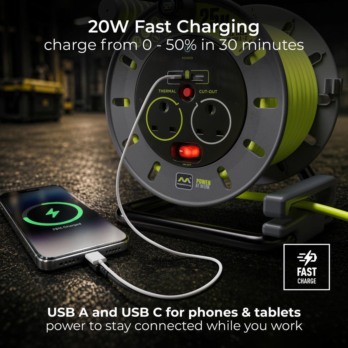 Masterplug 2 socket 25m cable reel with USB A and C ports