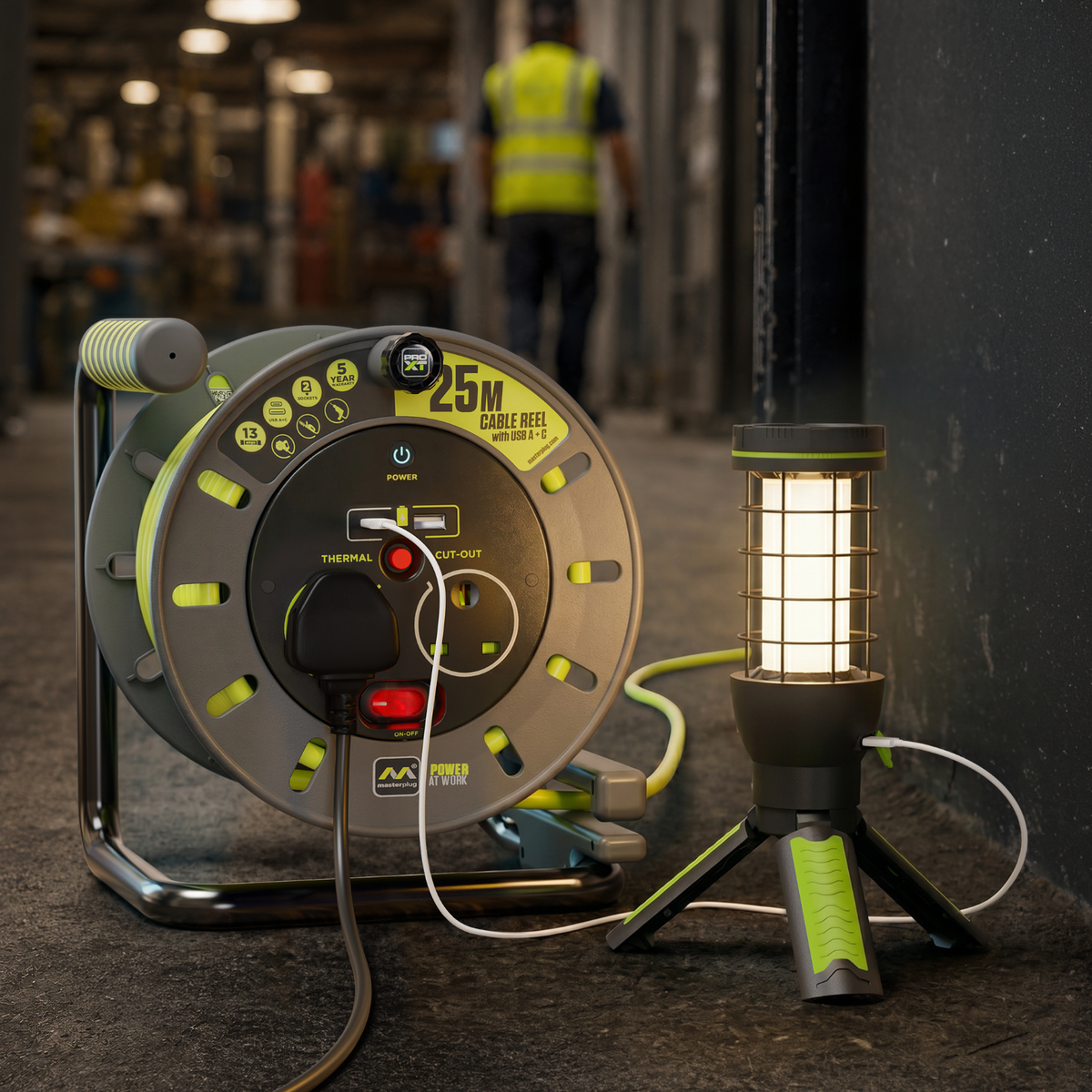 Masterplug 2 socket 25m cable reel with USB A and C ports